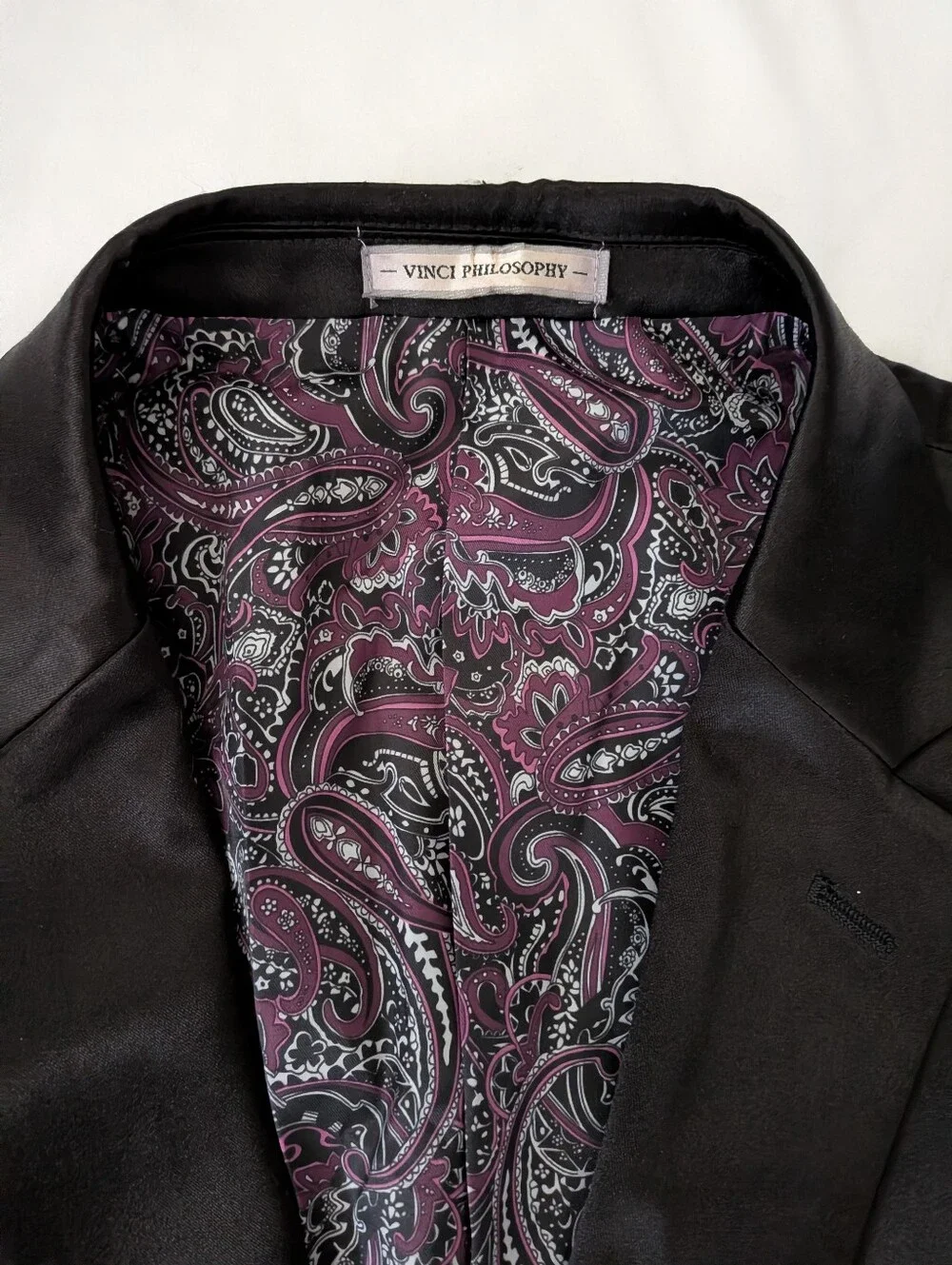 VINCI Philosophy Black Satin w/ Purple Paisley Lining Blazer Suit Jacket Mens XL